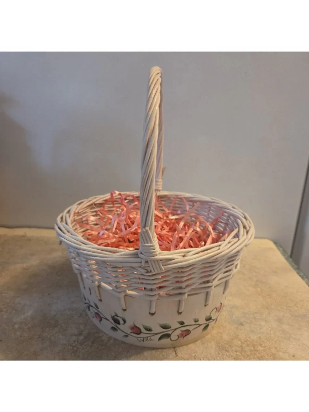 White Basket Painted with Pink Rose Buds Spring Decor